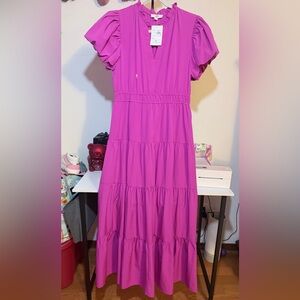 entro Fuchsia Ruffled Neck Maxi Dress Labeled size L, but fits like a size M.